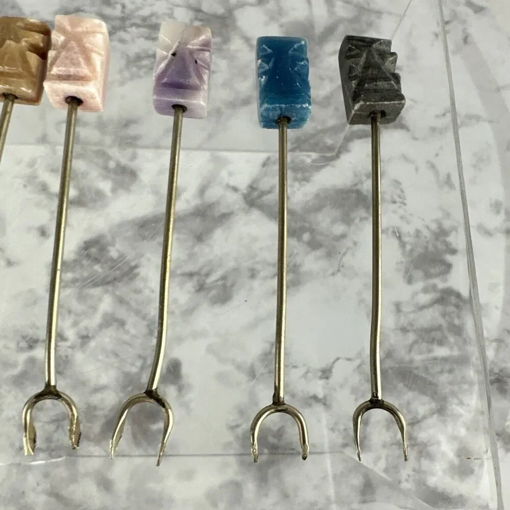 Vintage Tiki Easter Island Cocktail Appetizer Forks Skewer Carved Stone Set 12